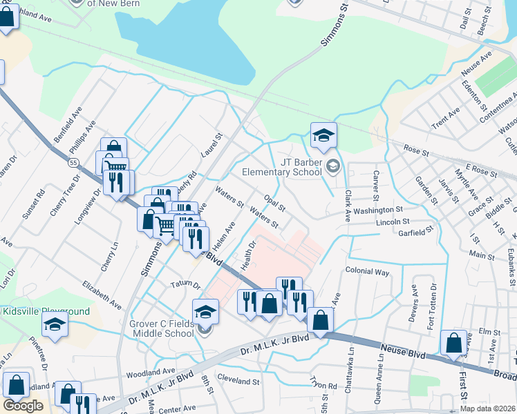 map of restaurants, bars, coffee shops, grocery stores, and more near 2023 Waters St in New Bern