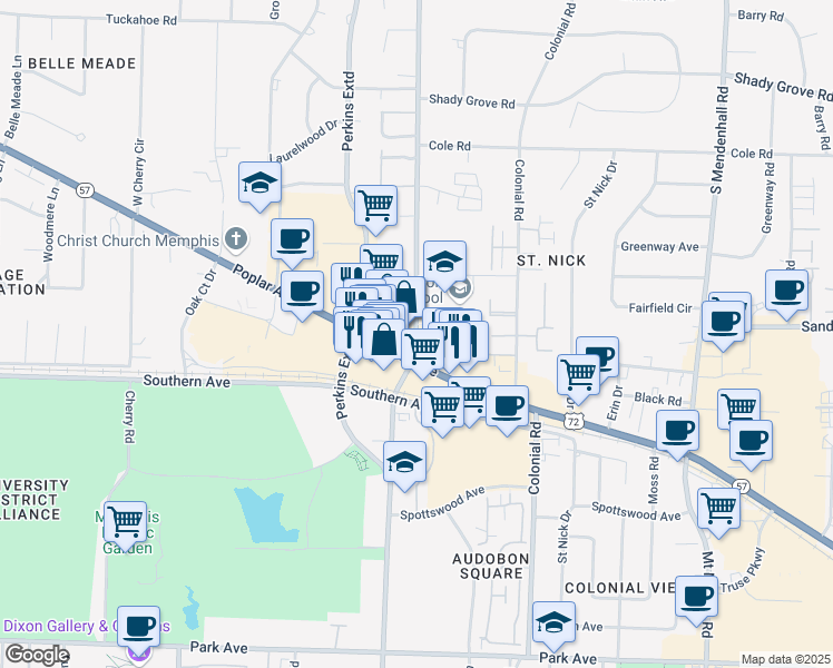 map of restaurants, bars, coffee shops, grocery stores, and more near 514 South Perkins Road in Memphis