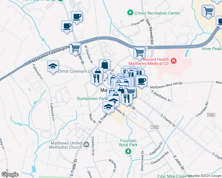 map of restaurants, bars, coffee shops, grocery stores, and more near 2125 Matthews Station Street in Matthews