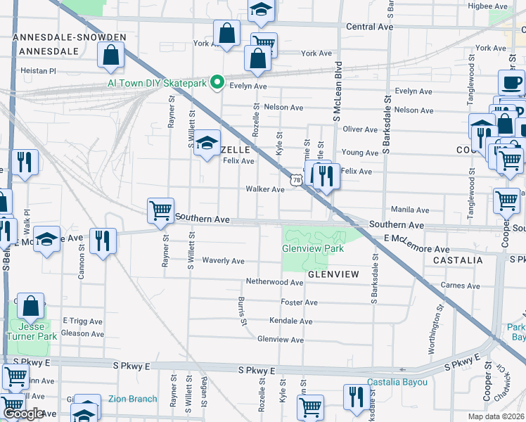 map of restaurants, bars, coffee shops, grocery stores, and more near 1070 Rozelle Street in Memphis