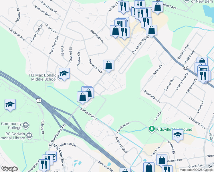 map of restaurants, bars, coffee shops, grocery stores, and more near 1011 Gurten Street in New Bern