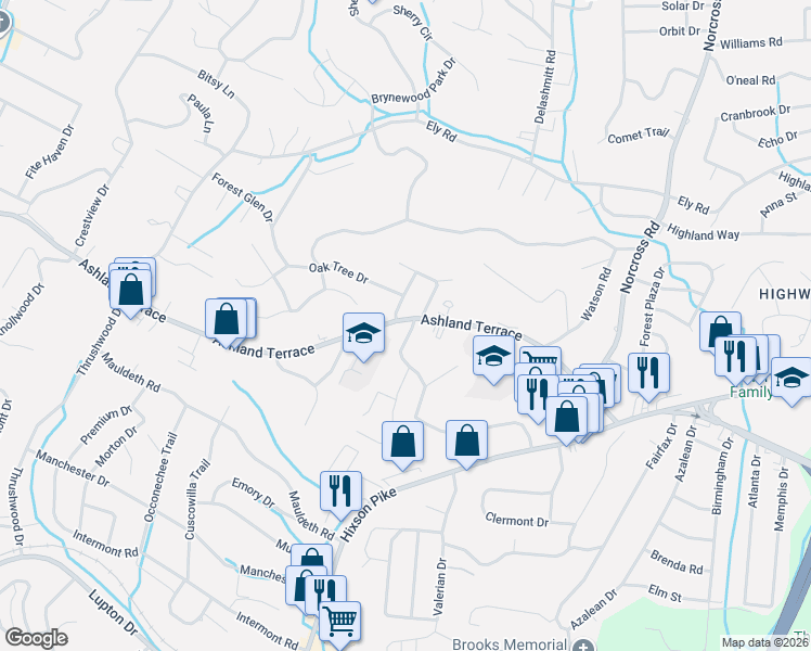 map of restaurants, bars, coffee shops, grocery stores, and more near 3708 Forest Highland Drive in Chattanooga