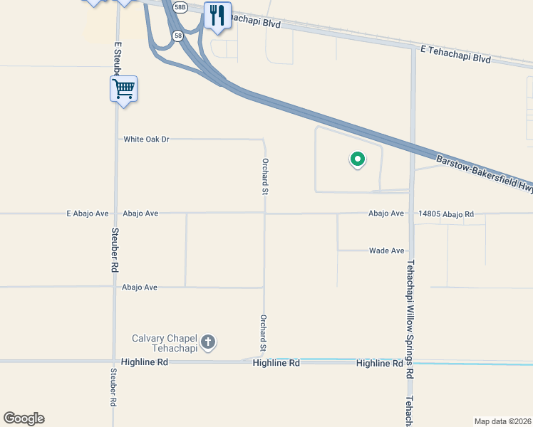 map of restaurants, bars, coffee shops, grocery stores, and more near Orchard Street in Tehachapi