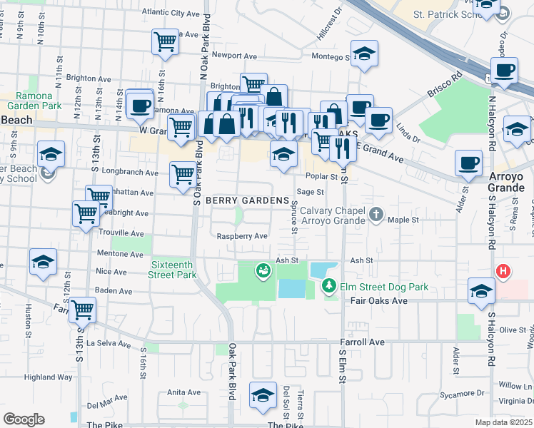 map of restaurants, bars, coffee shops, grocery stores, and more near 1401 Cedar Street in Arroyo Grande