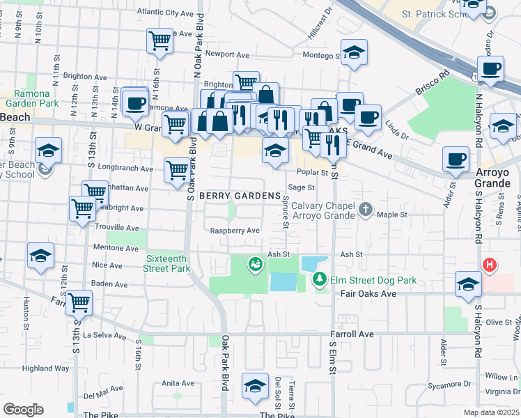 map of restaurants, bars, coffee shops, grocery stores, and more near 1401 Cedar Street in Arroyo Grande
