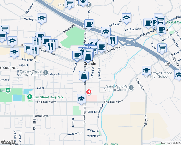 map of restaurants, bars, coffee shops, grocery stores, and more near 207 South Halcyon Road in Arroyo Grande