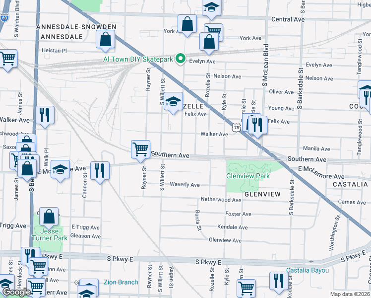 map of restaurants, bars, coffee shops, grocery stores, and more near 1596 Southern Avenue in Memphis