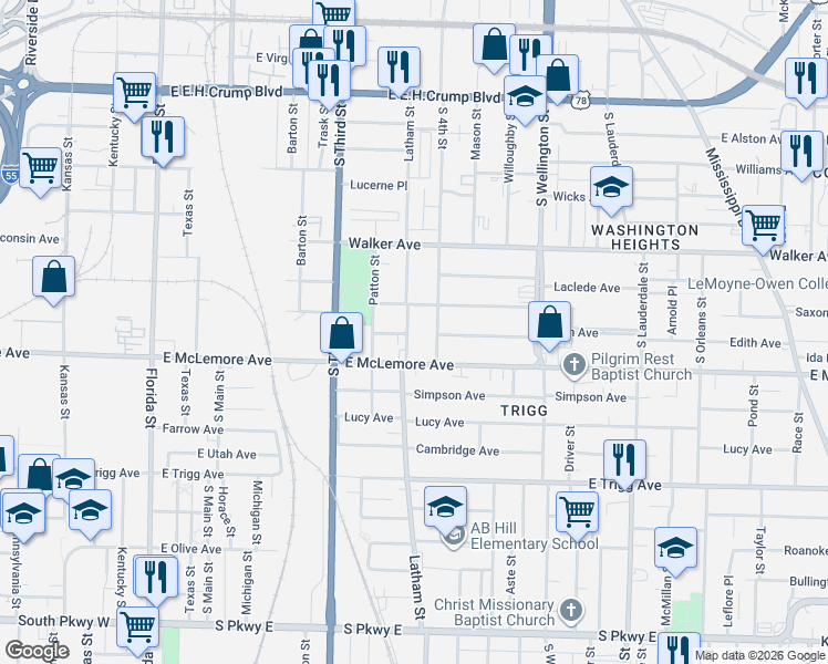 map of restaurants, bars, coffee shops, grocery stores, and more near 1134 Latham Street in Memphis