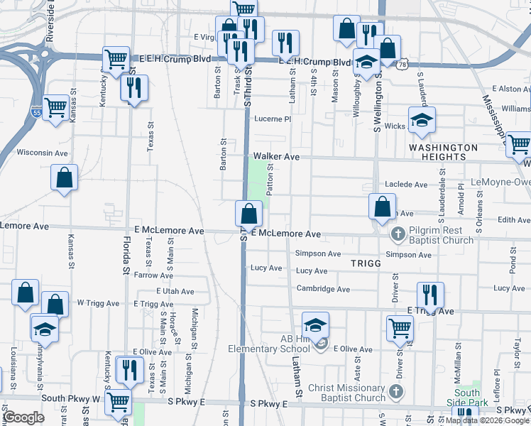 map of restaurants, bars, coffee shops, grocery stores, and more near 1131 Patton Street in Memphis