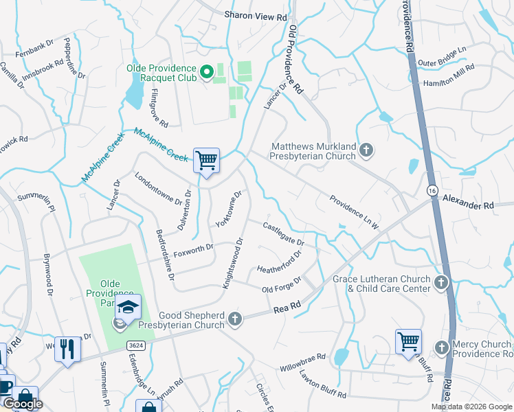 map of restaurants, bars, coffee shops, grocery stores, and more near 6708 Rugby Lane in Charlotte