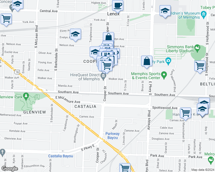 map of restaurants, bars, coffee shops, grocery stores, and more near 1048 Cooper Street in Memphis