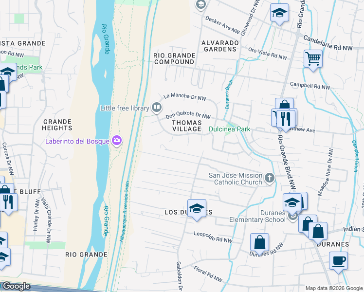map of restaurants, bars, coffee shops, grocery stores, and more near 3205 Beach Road Northwest in Albuquerque
