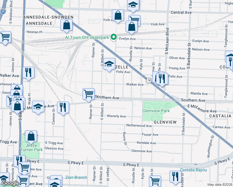 map of restaurants, bars, coffee shops, grocery stores, and more near 1596 Southern Avenue in Memphis