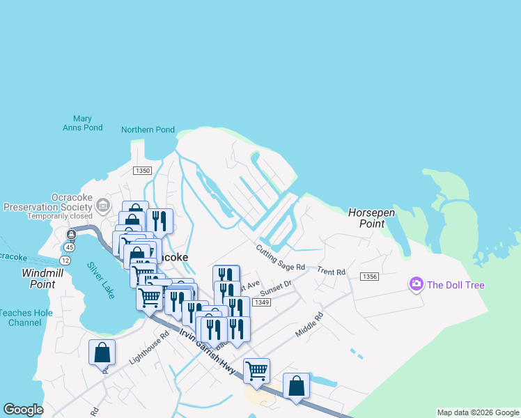 map of restaurants, bars, coffee shops, grocery stores, and more near 40 Styron Ln in Ocracoke