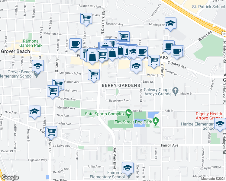 map of restaurants, bars, coffee shops, grocery stores, and more near 1521 Huckleberry Avenue in Arroyo Grande