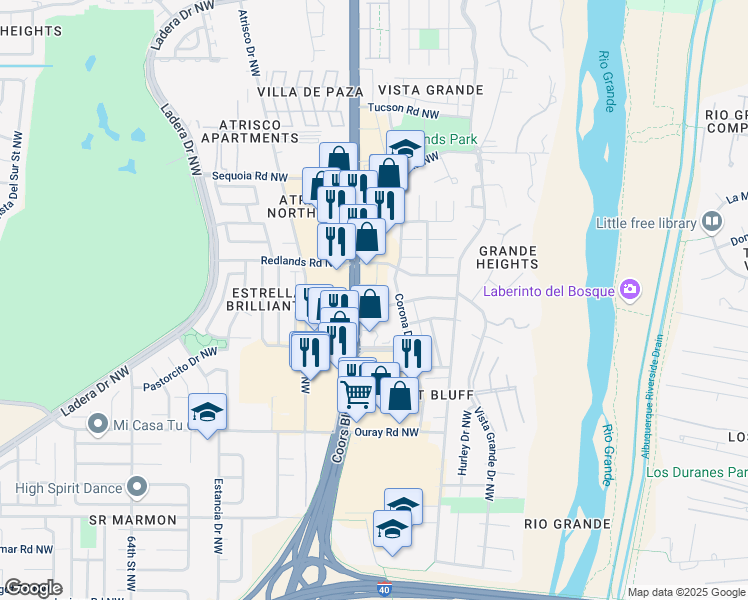 map of restaurants, bars, coffee shops, grocery stores, and more near 2922 Coors Boulevard Northwest in Albuquerque