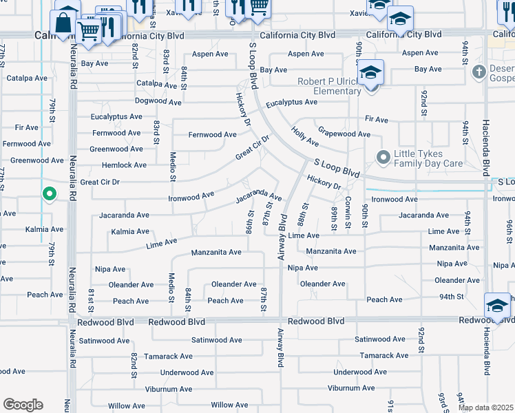 map of restaurants, bars, coffee shops, grocery stores, and more near 20360 86th Street in California City