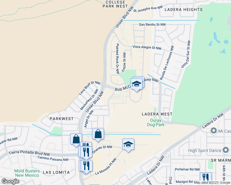 map of restaurants, bars, coffee shops, grocery stores, and more near 3050 Twin Oaks Drive Northwest in Albuquerque