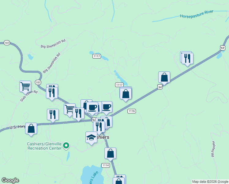 map of restaurants, bars, coffee shops, grocery stores, and more near State Road 1117 in Cashiers