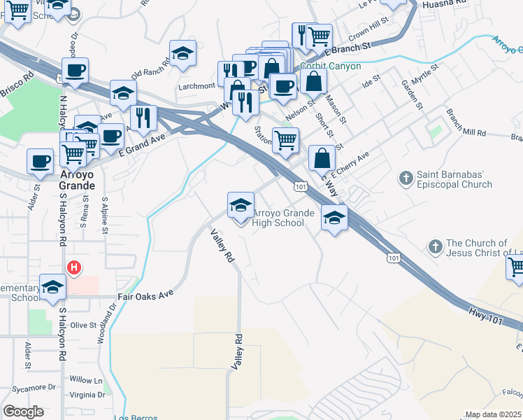 map of restaurants, bars, coffee shops, grocery stores, and more near 422 California Street in Arroyo Grande