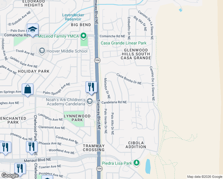 map of restaurants, bars, coffee shops, grocery stores, and more near 3013 Palo Alto Drive Northeast in Albuquerque