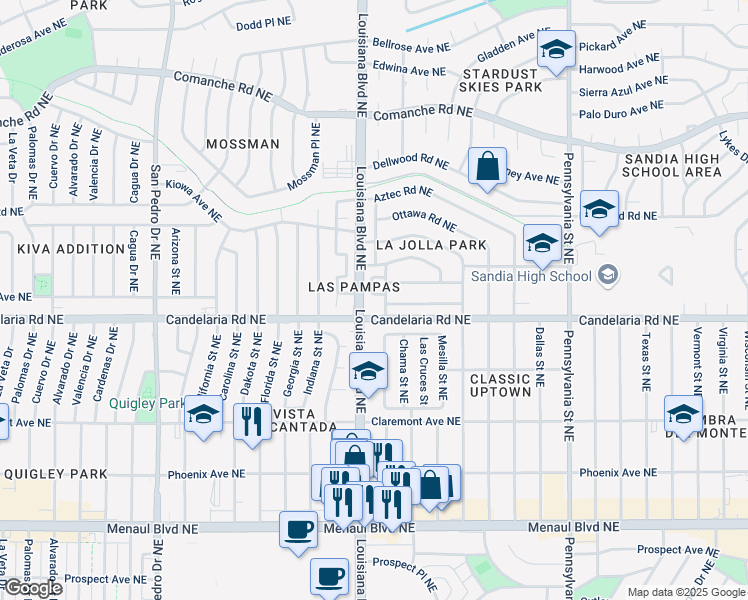 map of restaurants, bars, coffee shops, grocery stores, and more near 6900 Seminole Road Northeast in Albuquerque