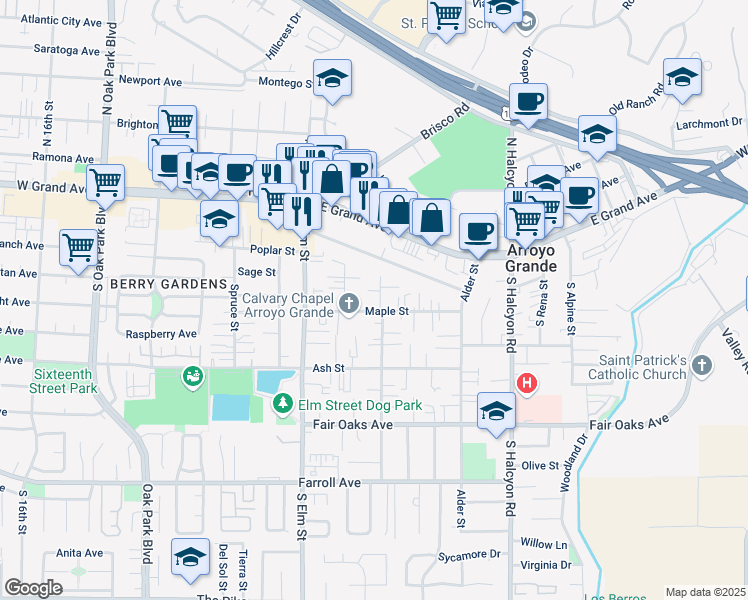 map of restaurants, bars, coffee shops, grocery stores, and more near 180 Walnut Street in Arroyo Grande
