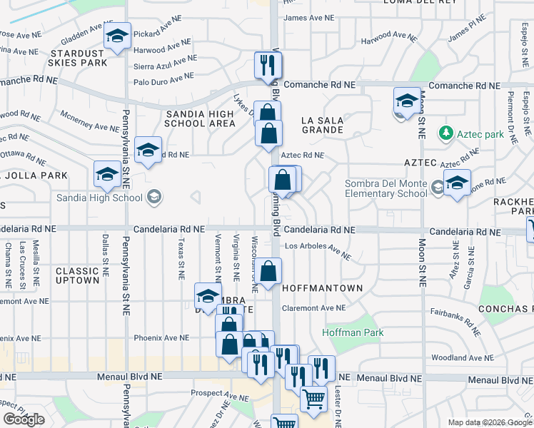 map of restaurants, bars, coffee shops, grocery stores, and more near 2713 Wyoming Blvd NE in Albuquerque