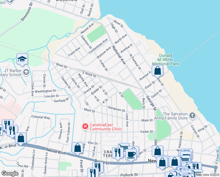 map of restaurants, bars, coffee shops, grocery stores, and more near 902 K Street in New Bern