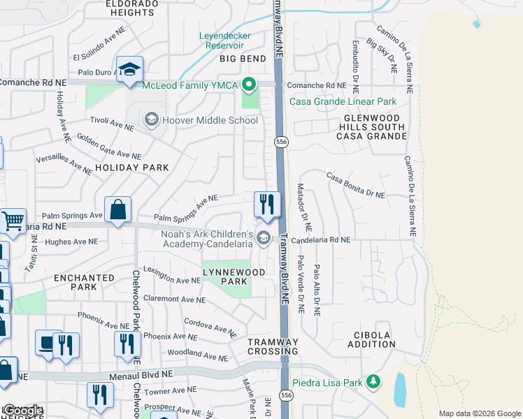 map of restaurants, bars, coffee shops, grocery stores, and more near 12501 Candelaria Road Northeast in Albuquerque