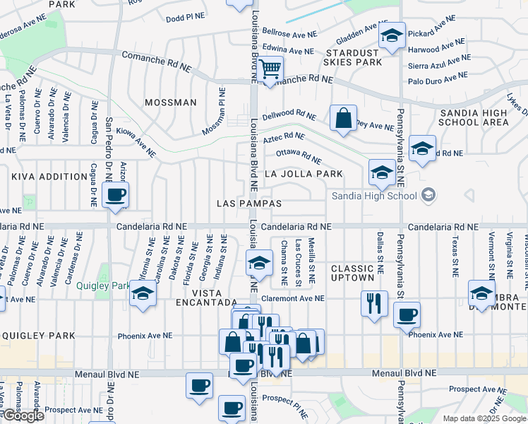 map of restaurants, bars, coffee shops, grocery stores, and more near 6900 Seminole Road Northeast in Albuquerque