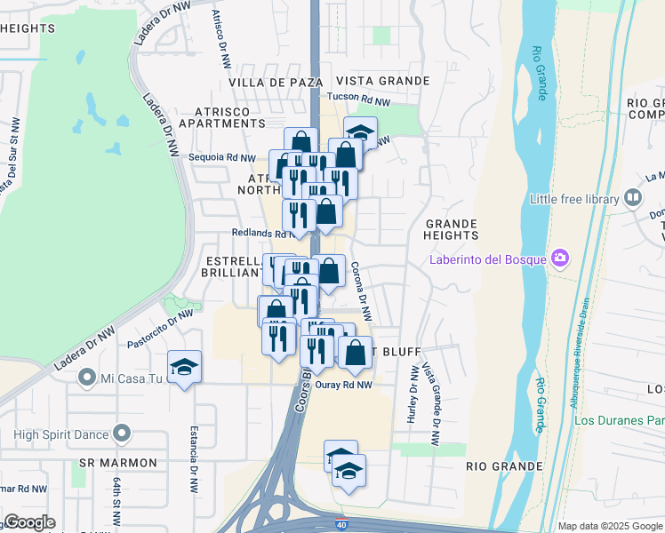 map of restaurants, bars, coffee shops, grocery stores, and more near 2922 Coors Boulevard Northwest in Albuquerque