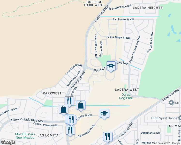 map of restaurants, bars, coffee shops, grocery stores, and more near 3050 Twin Oaks Drive Northwest in Albuquerque