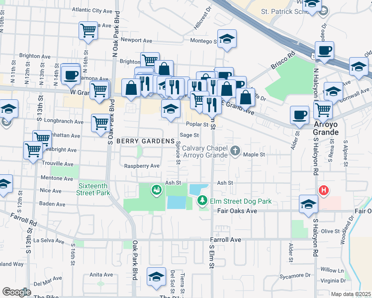 map of restaurants, bars, coffee shops, grocery stores, and more near 219 Spruce Street in Arroyo Grande