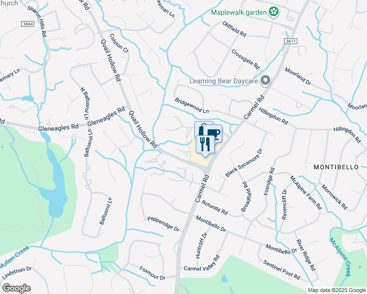 map of restaurants, bars, coffee shops, grocery stores, and more near 7426 Ashfield Court in Charlotte