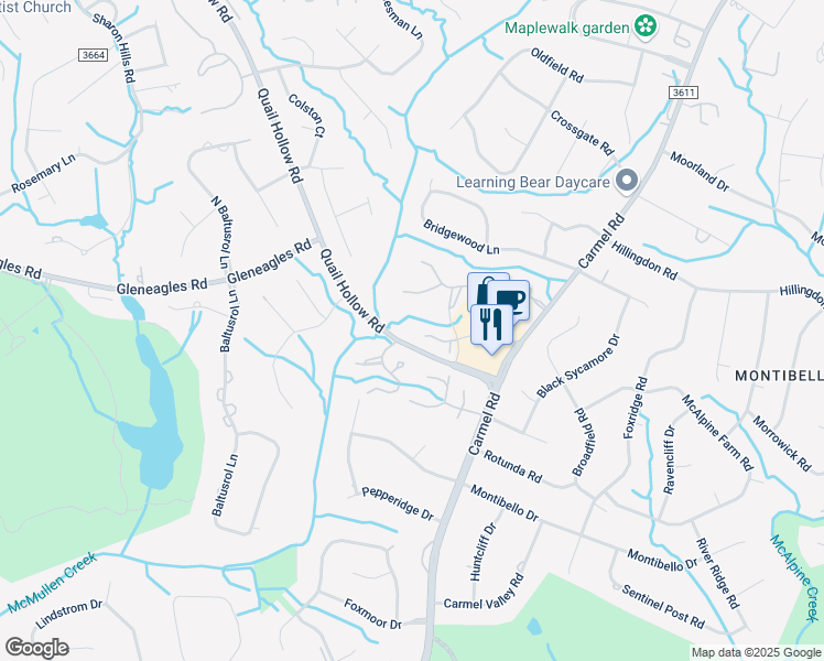 map of restaurants, bars, coffee shops, grocery stores, and more near 4315 Woodglen Lane in Charlotte