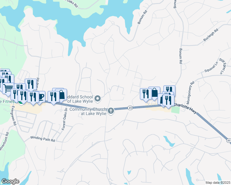 map of restaurants, bars, coffee shops, grocery stores, and more near 11 Hamiltons Bay Court in Lake Wylie