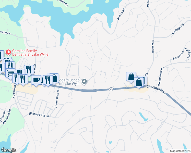 map of restaurants, bars, coffee shops, grocery stores, and more near 11 Hamiltons Bay Court in Lake Wylie