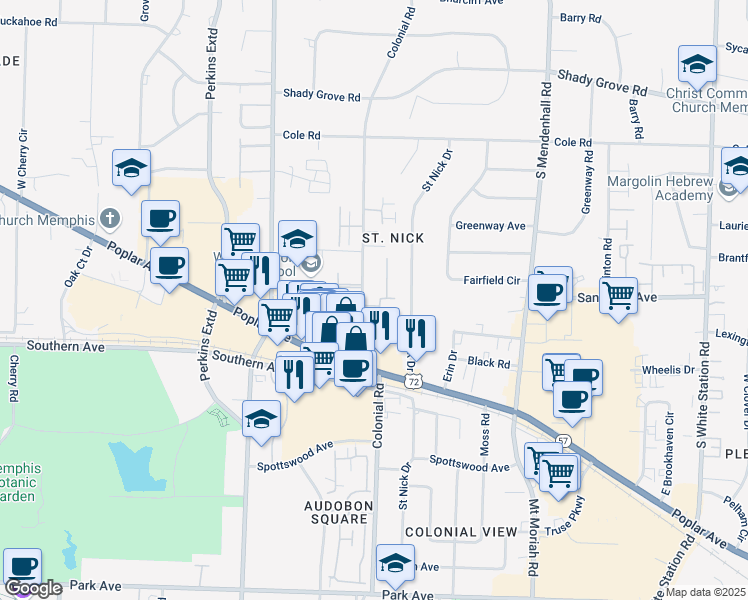 map of restaurants, bars, coffee shops, grocery stores, and more near 4791 Kingsgate Place South in Memphis
