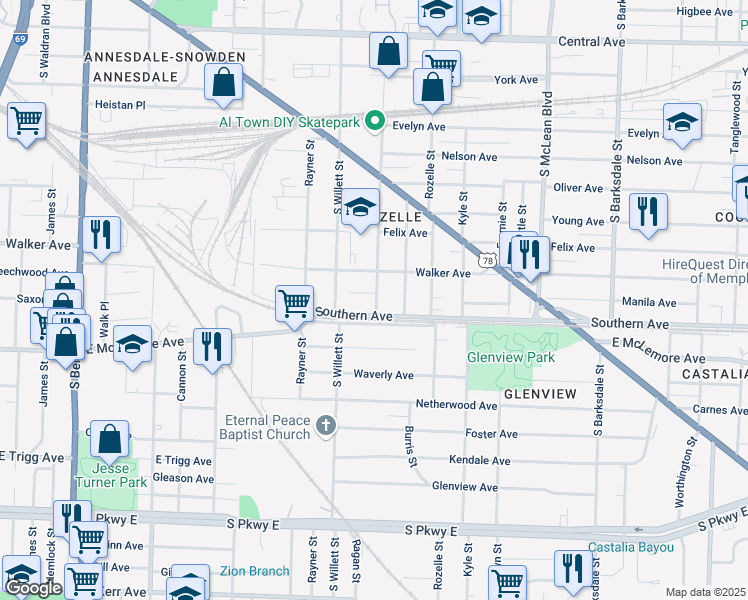 map of restaurants, bars, coffee shops, grocery stores, and more near 1596 Southern Avenue in Memphis