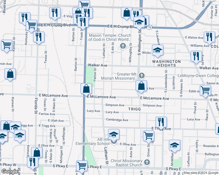map of restaurants, bars, coffee shops, grocery stores, and more near 335 Edith Avenue in Memphis
