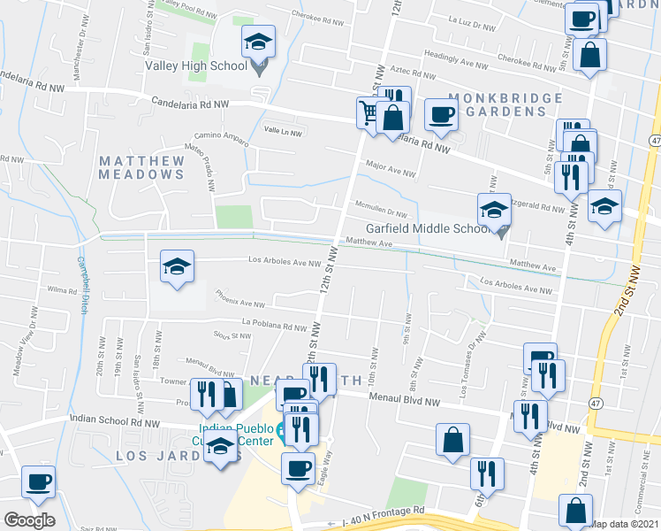 map of restaurants, bars, coffee shops, grocery stores, and more near 12th St NW & Los Arboles Ave NW in Albuquerque
