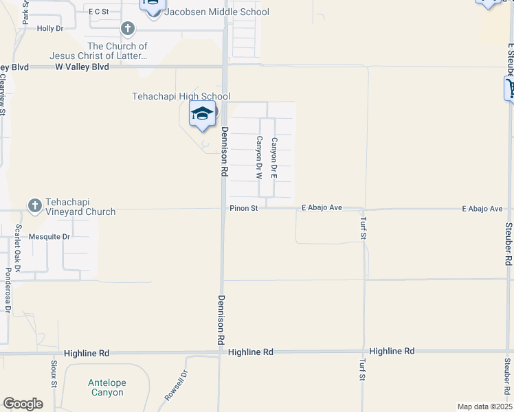map of restaurants, bars, coffee shops, grocery stores, and more near 600 Dennison Road in Tehachapi