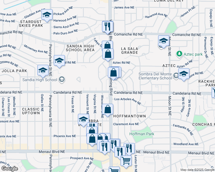 map of restaurants, bars, coffee shops, grocery stores, and more near 2713 Wyoming Boulevard Northeast in Albuquerque