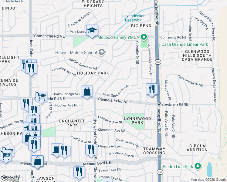 map of restaurants, bars, coffee shops, grocery stores, and more near 3304 Black Hills Court Northeast in Albuquerque