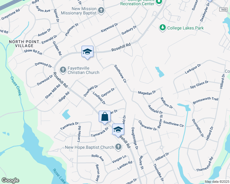 map of restaurants, bars, coffee shops, grocery stores, and more near 751 Gayron Drive in Fayetteville