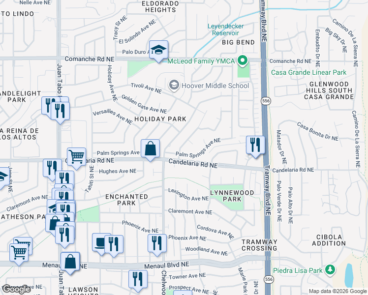 map of restaurants, bars, coffee shops, grocery stores, and more near 12108 Palm Springs Avenue Northeast in Albuquerque