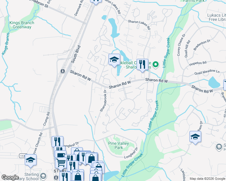 map of restaurants, bars, coffee shops, grocery stores, and more near 1612 Sharon Road West in Charlotte
