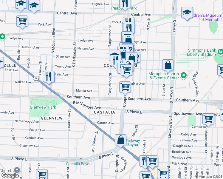 map of restaurants, bars, coffee shops, grocery stores, and more near 1067 Fleece Place in Memphis