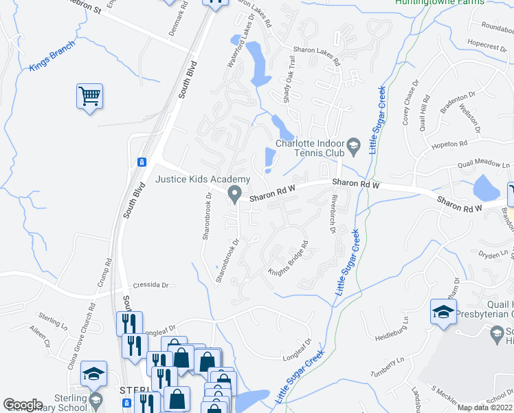map of restaurants, bars, coffee shops, grocery stores, and more near 1612 Sharon Road West in Charlotte